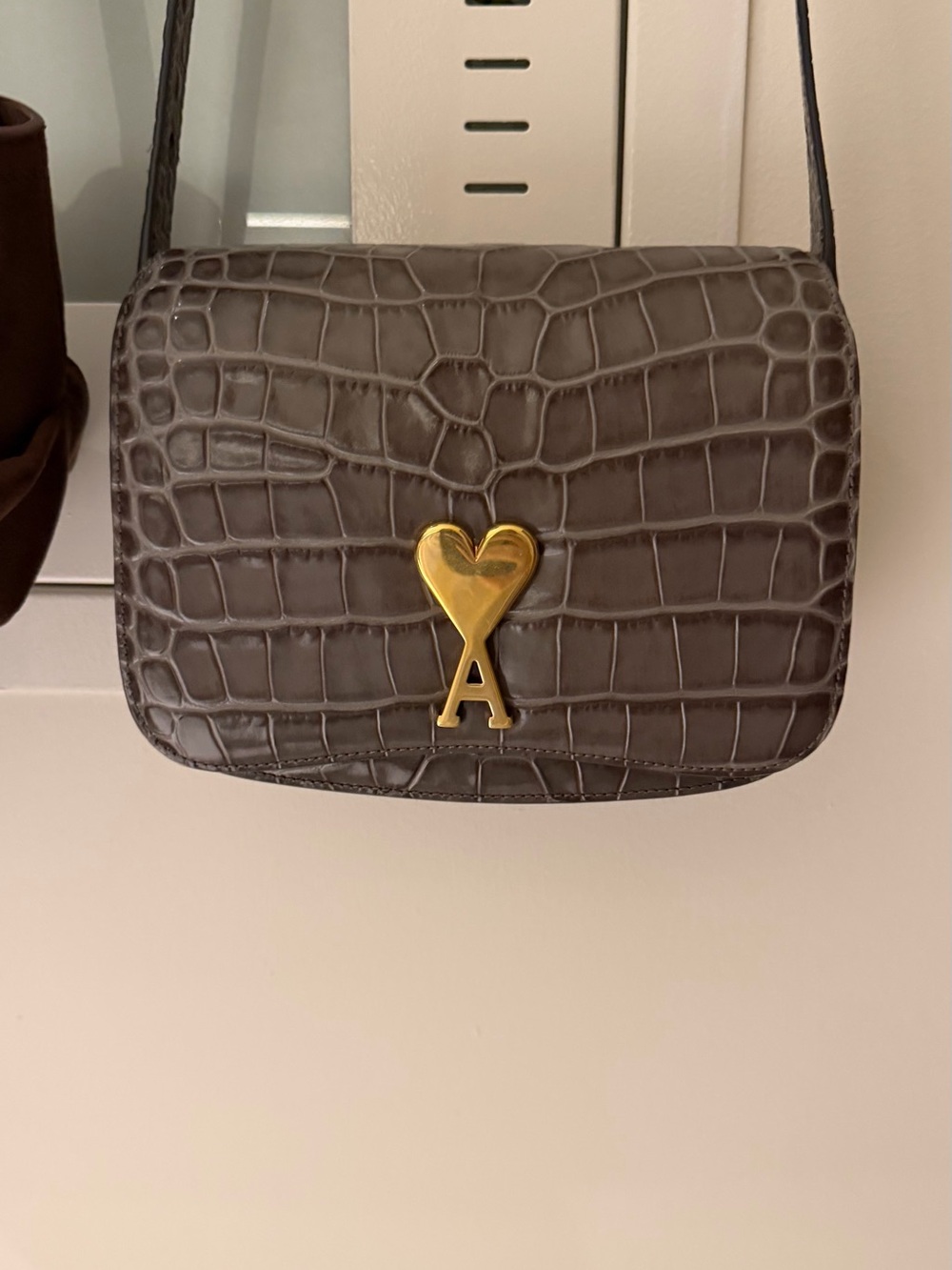 Ami Croc-Embossed Crossbody Bag in Dark Brown with Gold Heart A Hardware